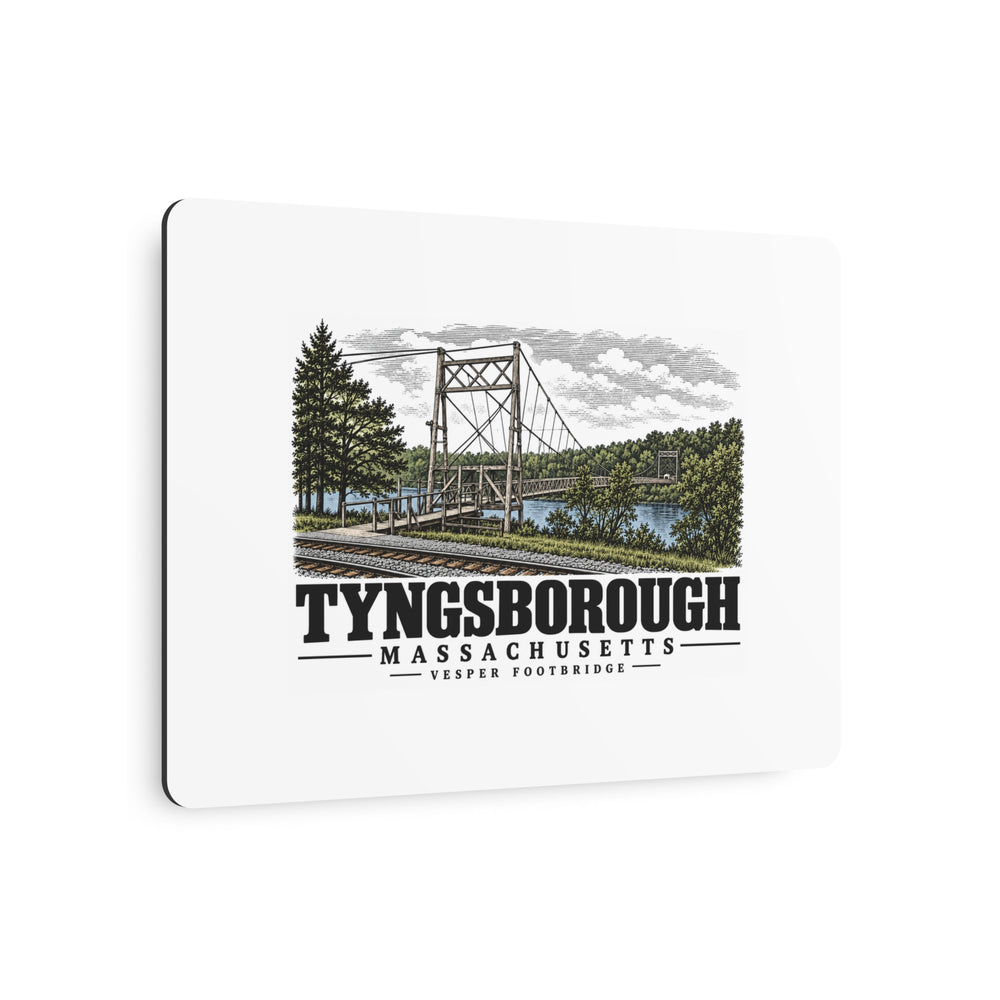 Angled front of Vesper Footbridge metal wall art, with Tyngsborough, Massachusetts artwork and lettering.