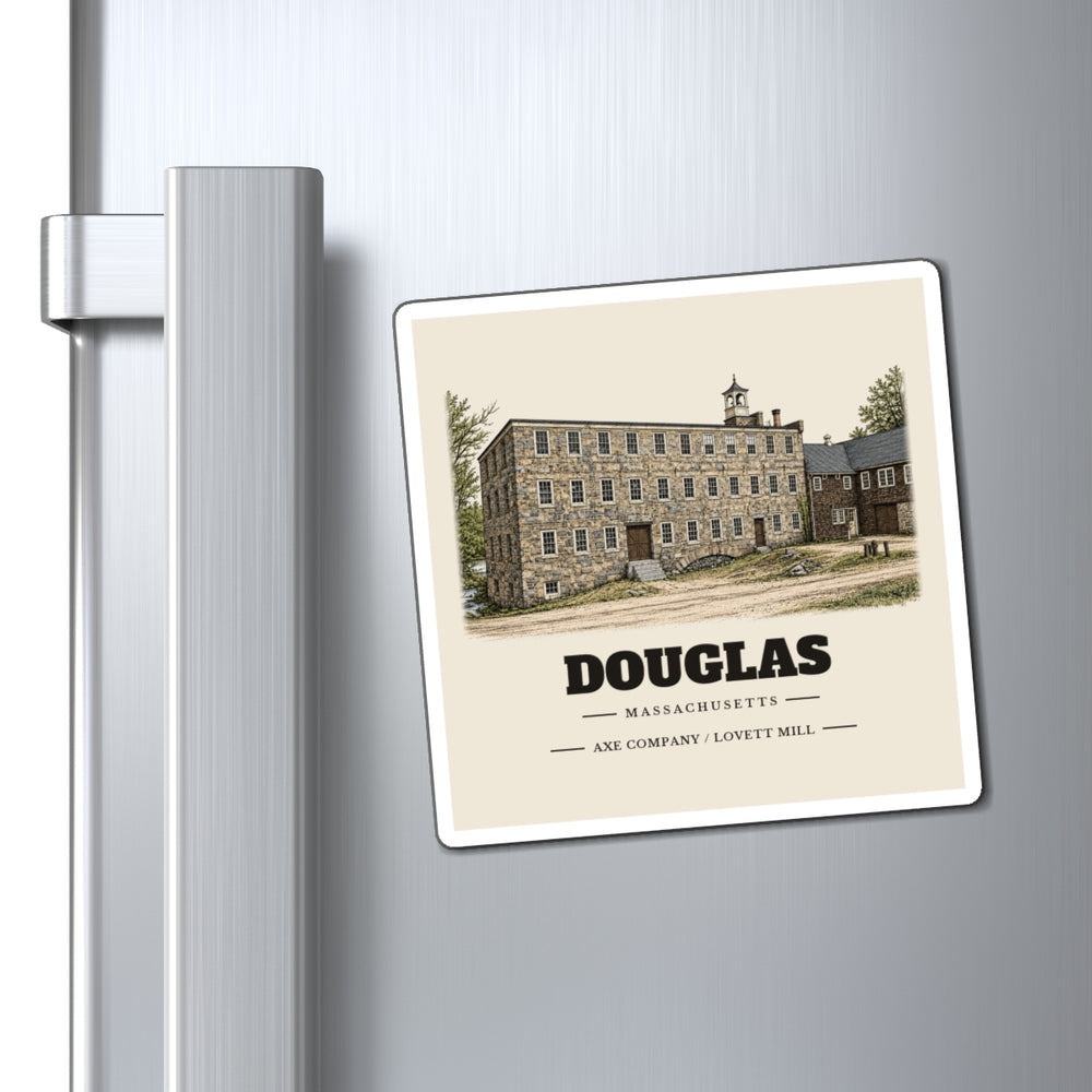 Douglas Axe Company / Lovett Mill 4 inch magnet shown on a refrigerator