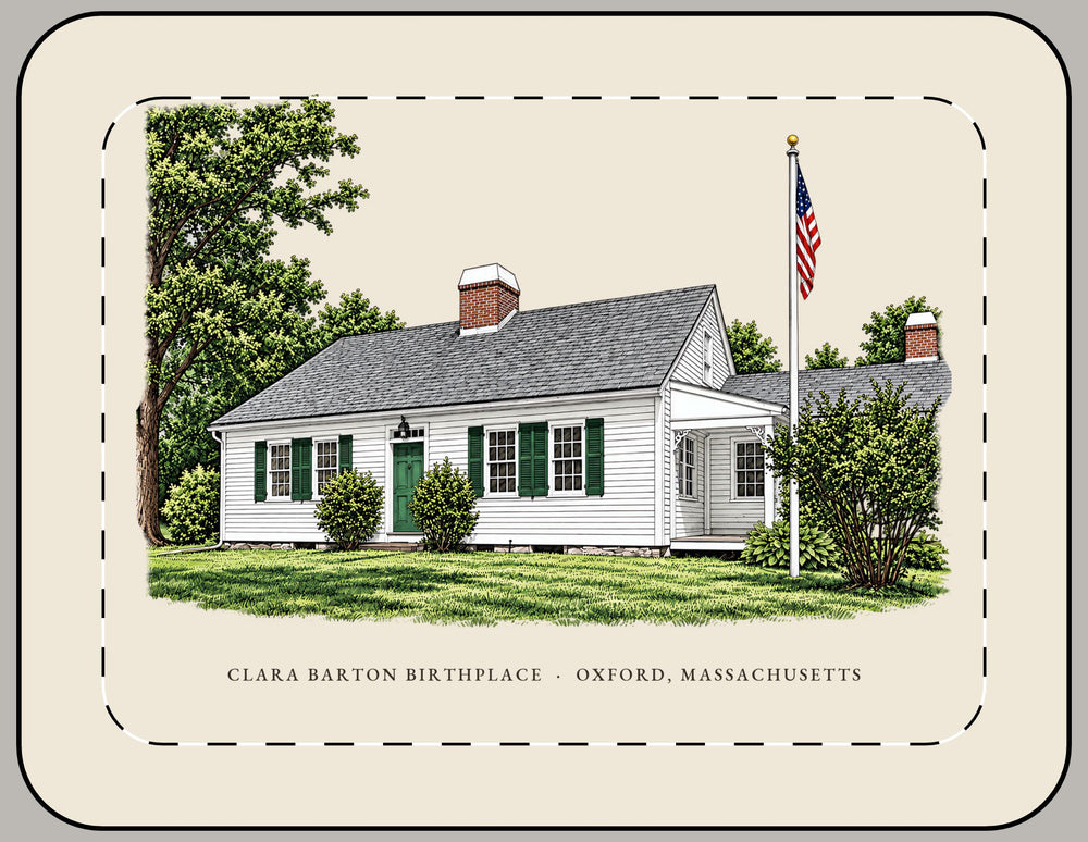 Oxford Clara Barton Birthplace 15-inch laptop sleeve mockup showing the full illustrated print