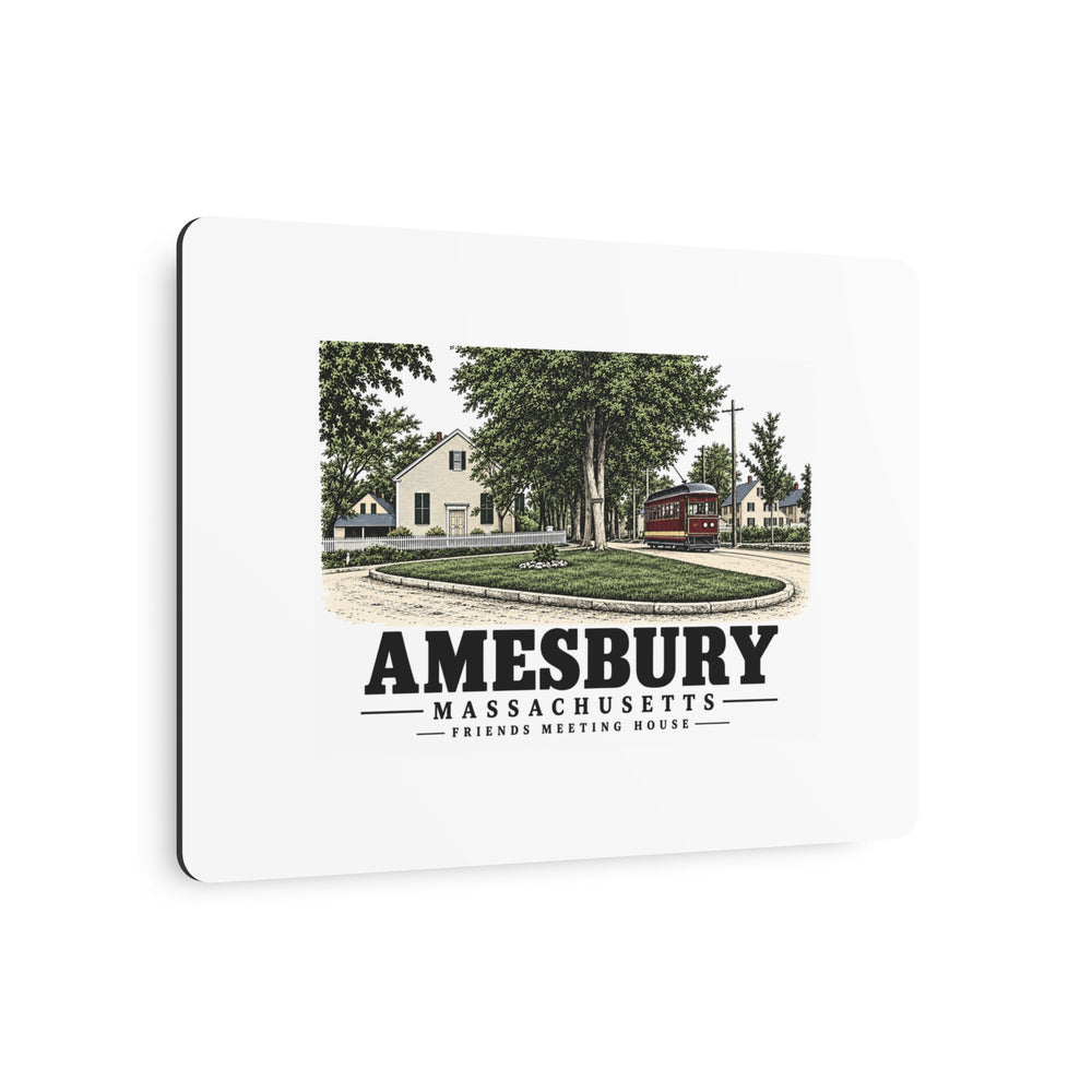 Angled view of horizontal metal wall art with Friends Meeting House and streetcar illustration, Amesbury, Massachusetts.