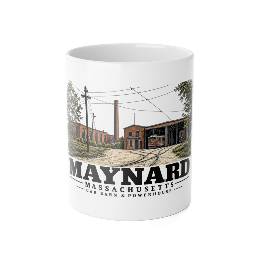 Illustrated Car Barn & Powerhouse in Maynard on ceramic mug