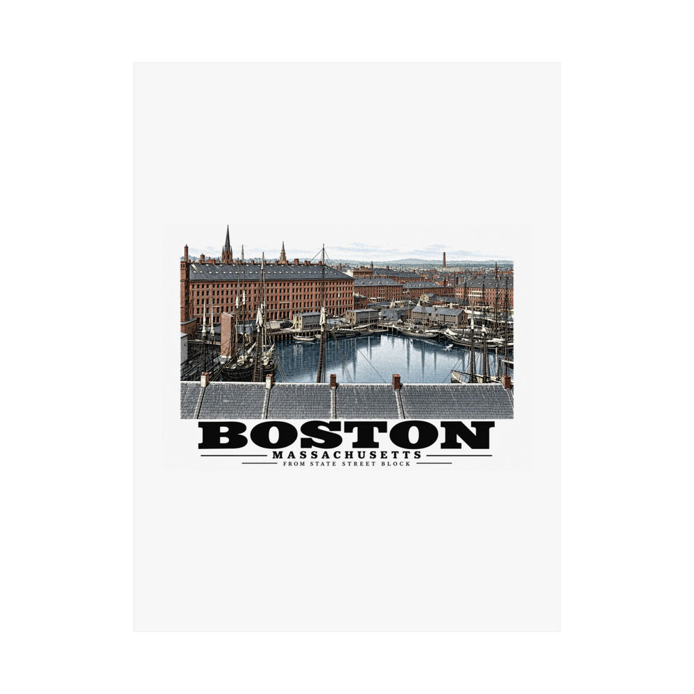 Flat Boston waterfront buildings, wharves, boats and harbor water poster with Boston lettering