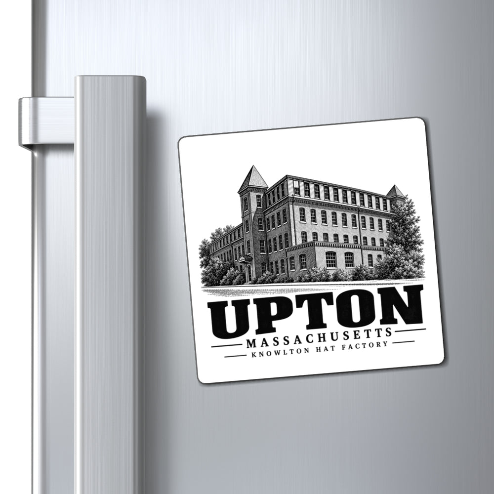 Upton Knowlton Hat Factory 4-inch magnet displayed on a refrigerator