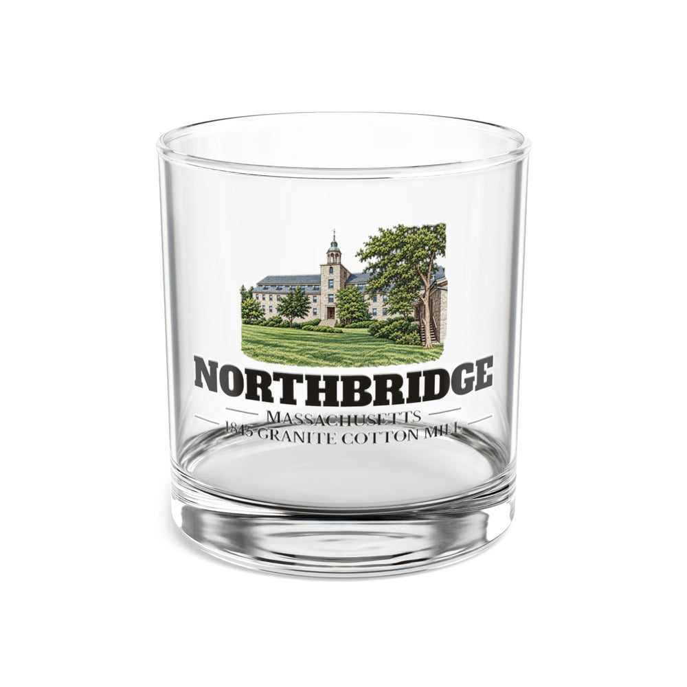 Front view of the Northbridge 1845 Granite Cotton Mill artwork printed on a clear 10 oz rocks glass