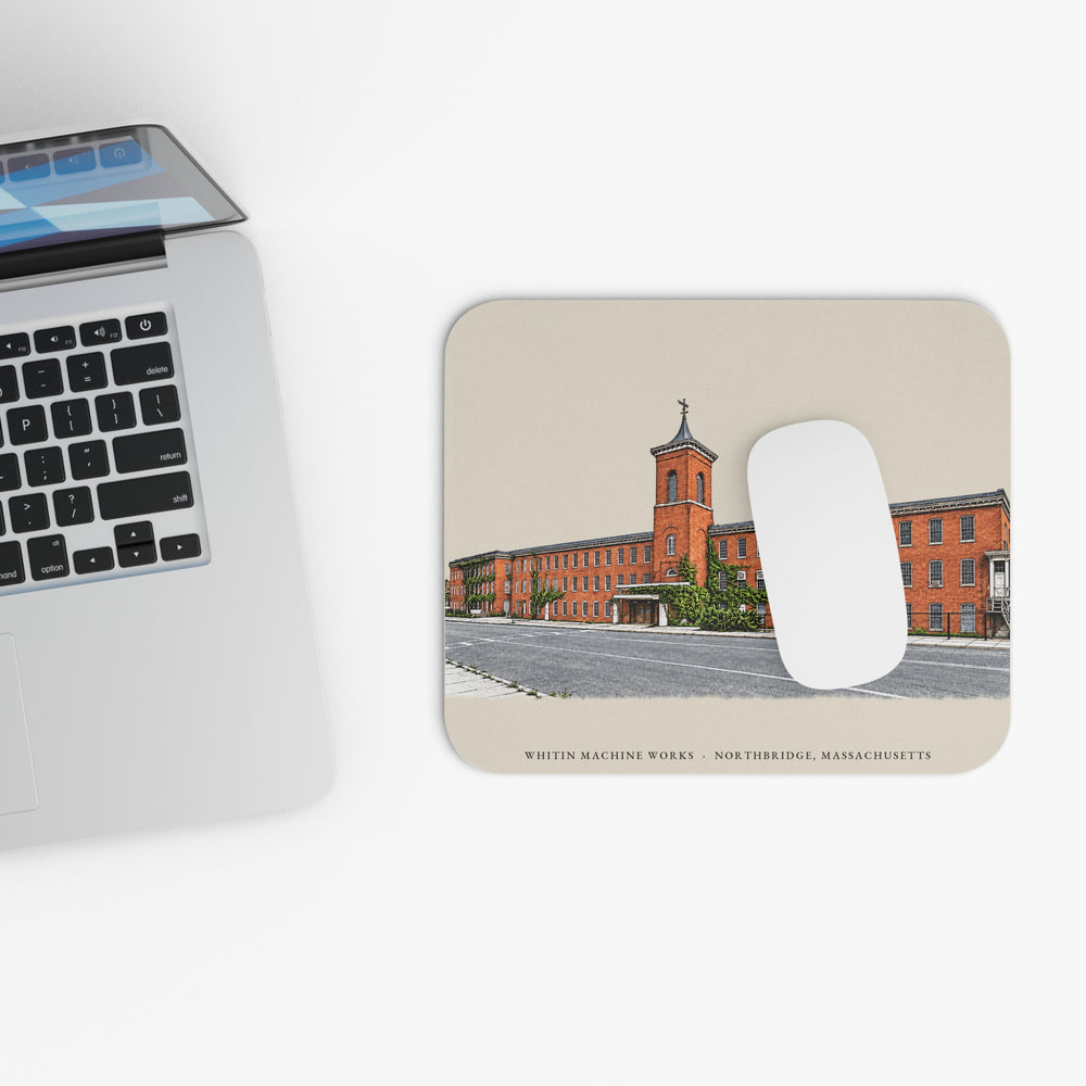 Northbridge Whitin Machine Works mouse pad mockup showing the full illustrated print