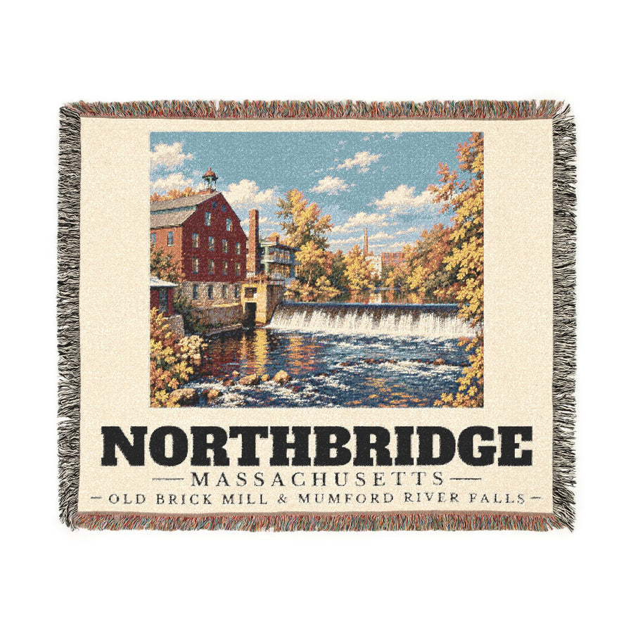 Old Brick Mill and Mumford River Falls — Northbridge, Massachusetts Woven Blanket