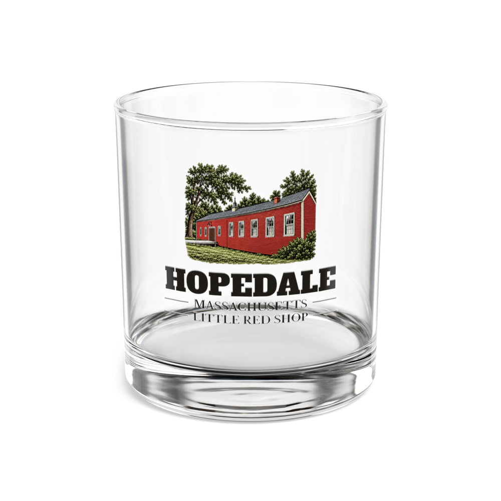 Front view of the Hopedale Little Red Shop artwork printed on a clear 10 oz rocks glass