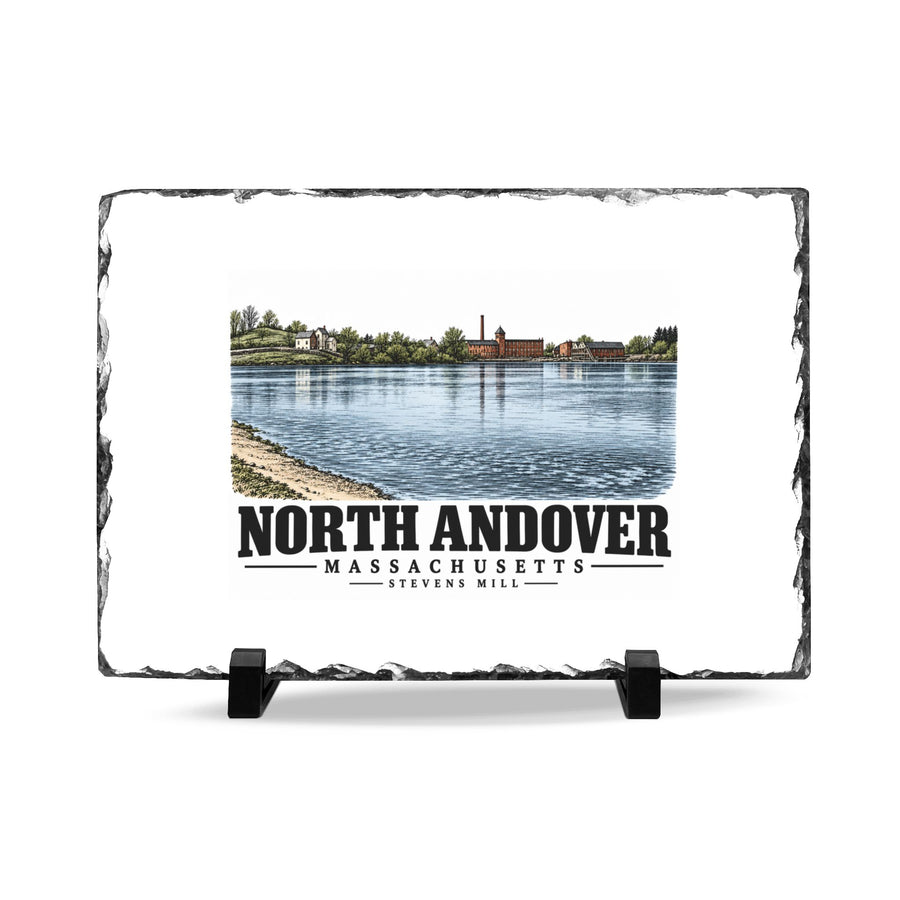 Front on display stands of Stevens Mill slate desk plaque, with North Andover, Massachusetts artwork and lettering.