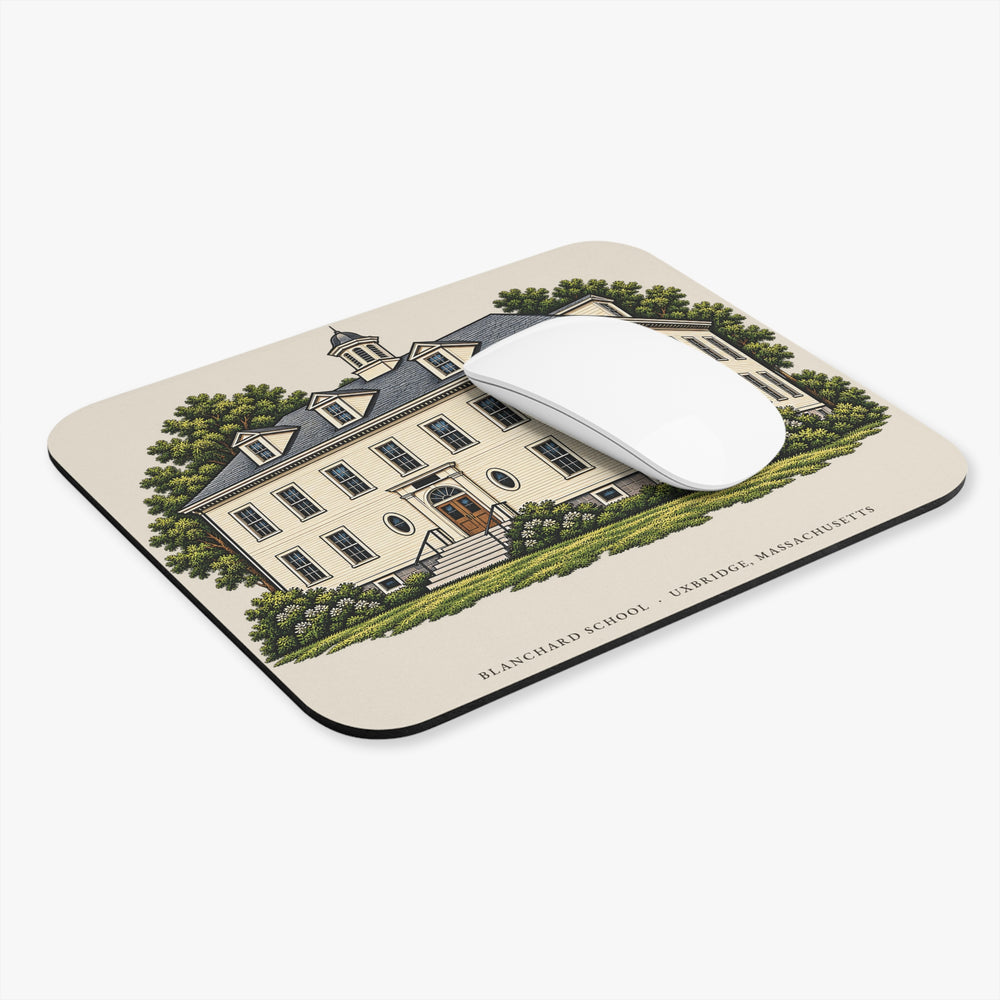 Uxbridge Blanchard School mouse pad mockup showing the full illustrated print