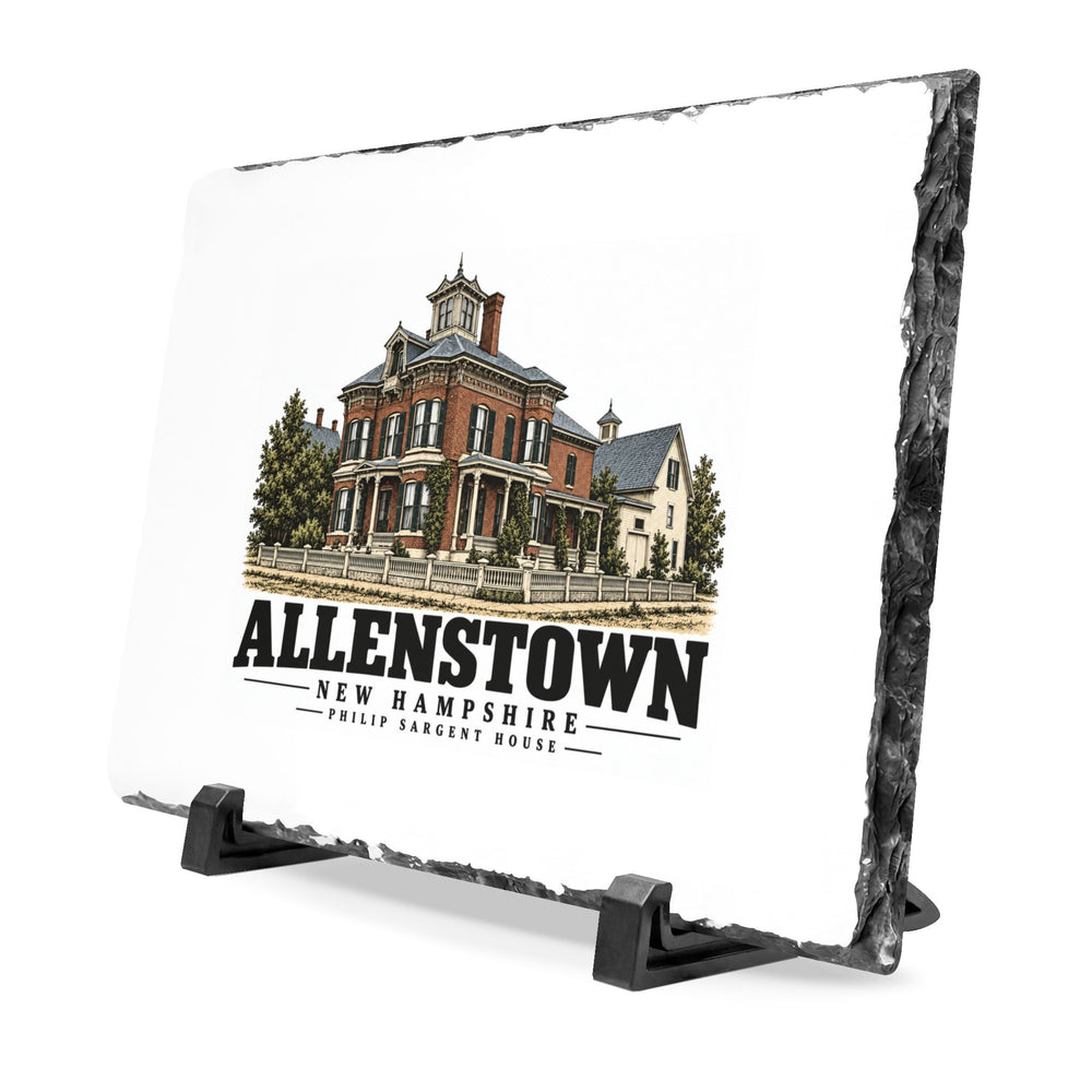 Angled front on display stands of Philip Sargent House slate desk plaque, with Allenstown, New Hampshire artwork and lettering.