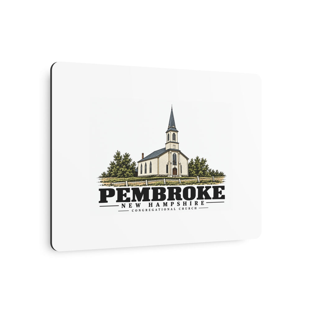 Angled front of Congregational Church metal wall art, with Pembroke, New Hampshire artwork and lettering.