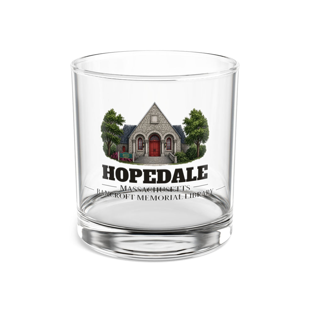 Front view of the Hopedale Bancroft Memorial Library artwork printed on a clear 10 oz rocks glass