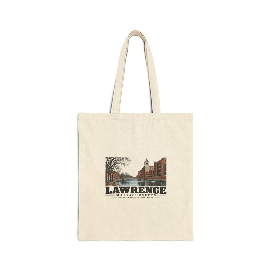 Front of North Canal and Pacific Mills natural canvas tote, with Lawrence, Massachusetts artwork and lettering.