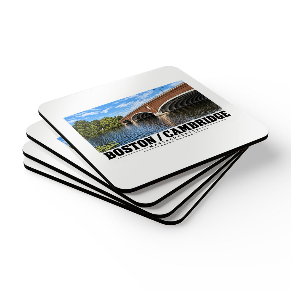 Stack of square coasters with Eliot Bridge close red brick arch view artwork visible on the top coaster