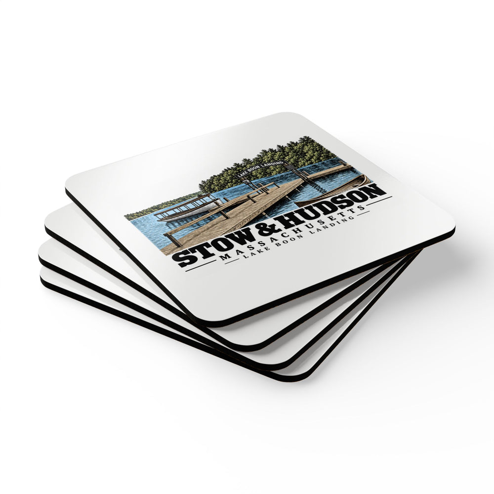 Illustrated Lake Boon Landing in Stow and Hudson on corkwood coaster set