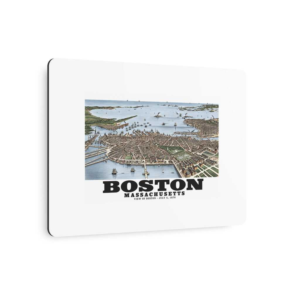 Angled view of historic Boston harbor panorama with boats and waterfront buildings metal print with its dark edge visible