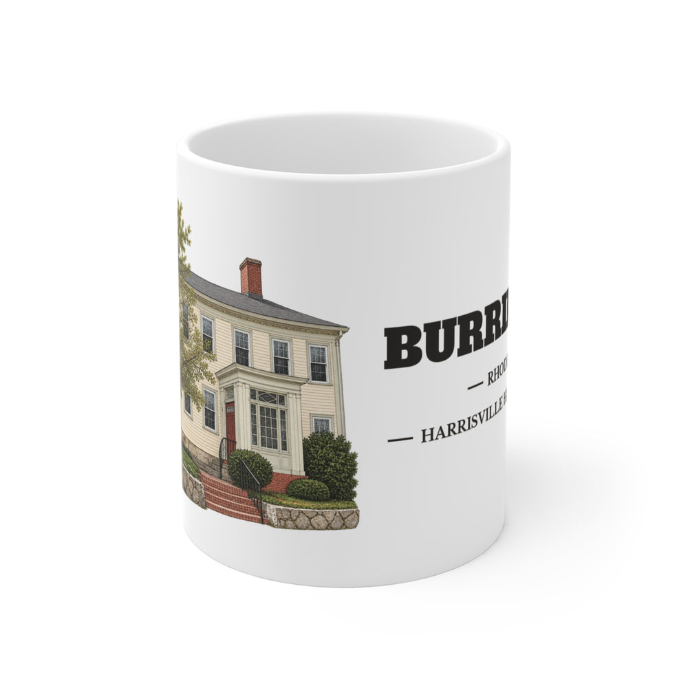 Burrillville Harrisville Historic District 11 oz ceramic mug — artwork view, handle left — Familiar History