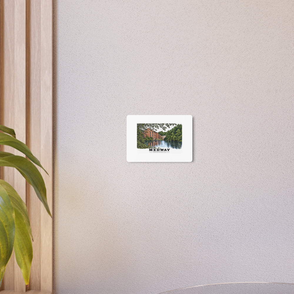 Sanford Mills and Sanford Street Bridge, Charles River, Medway village 7 × 5 in Horizontal Metal Wall Art - Charles River