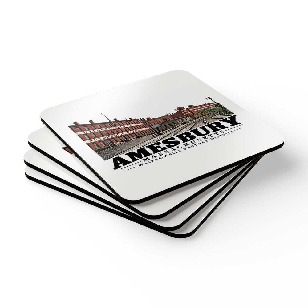 Stack of four coasters of Walker-Wells Factory District square cork-backed coaster set, Amesbury, Massachusetts.