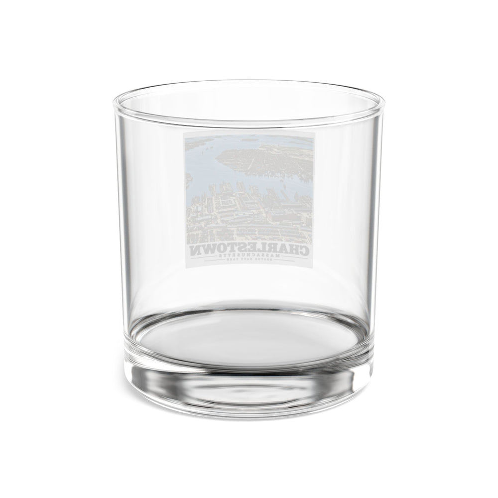 Rear view of the clear Charlestown Navy Yard rocks glass, with the printed artwork visible in reverse through the glass.
