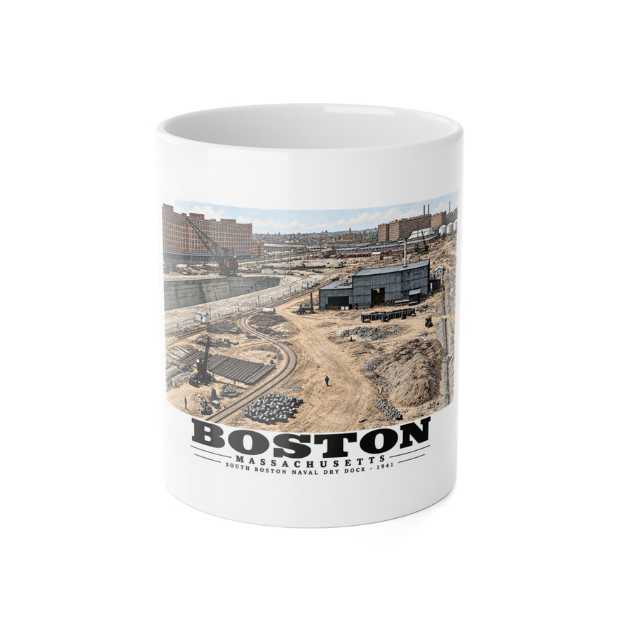 South Boston Dry Dock Area April 16-41 from roof of elevator shaft NW 11 oz White Ceramic Mug - Boston Harbor