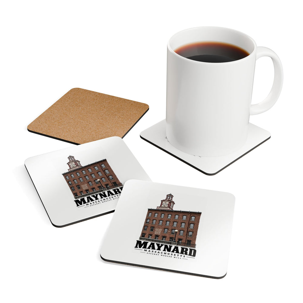 Illustrated Assabet Woolen Mill in Maynard on corkwood coaster set