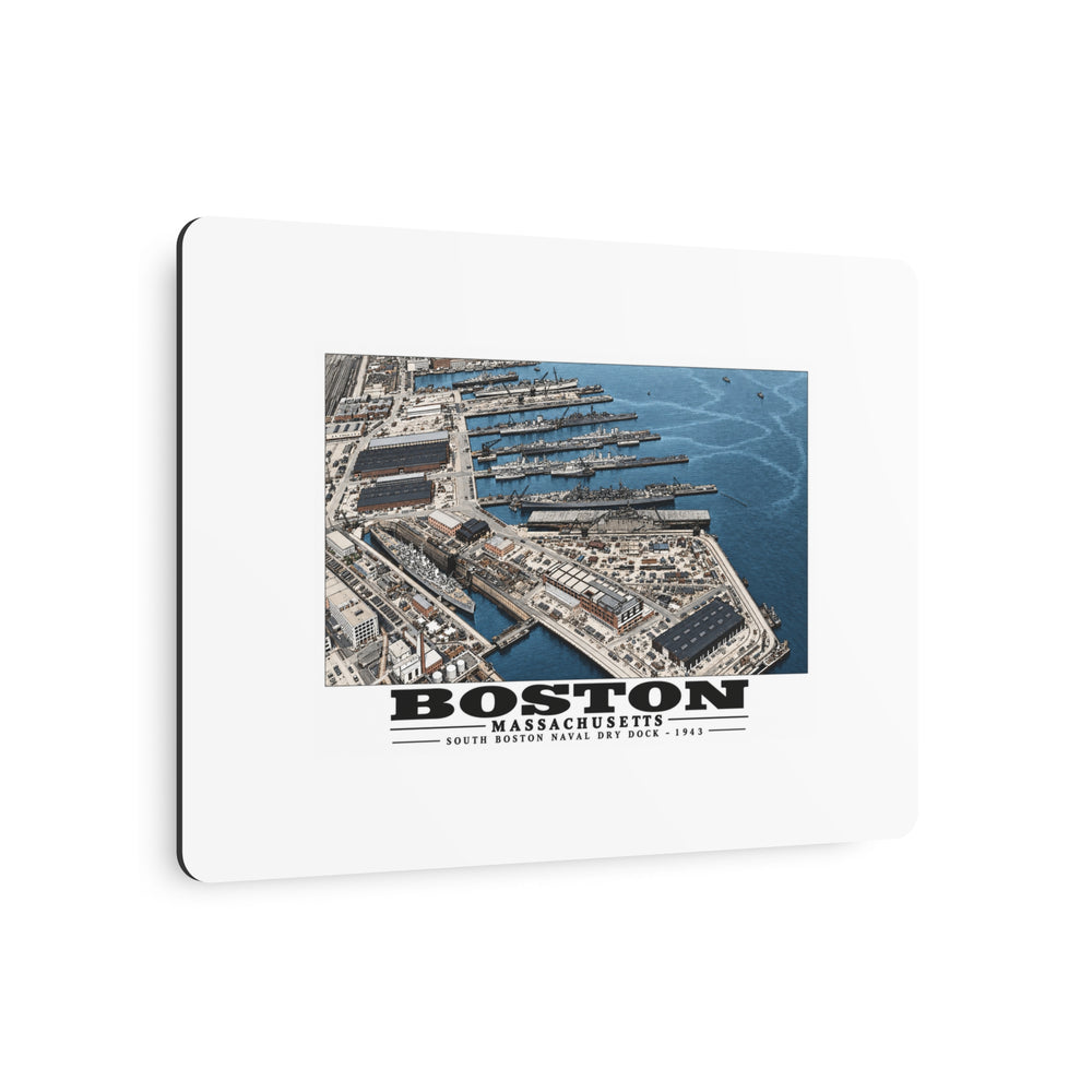 Aerial view of US Naval Dry Dock-BB-61 USS IOWA in dry dock #3-USS BUNKER HILL at East Jetty-AP-21 USS WAKEFIELD at pier 7 × 5 in Horizontal Metal Wall Art - Boston Harbor
