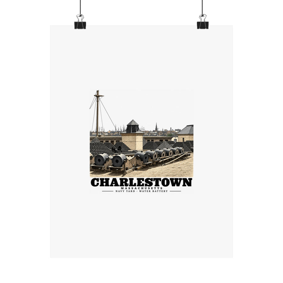 11 x 14 inch matte poster hanging from clips with Water Battery and Charlestown artwork