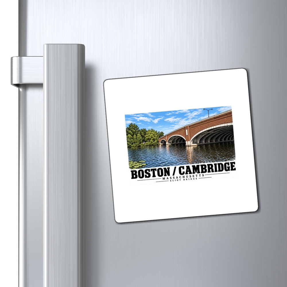 Eliot Bridge close red brick arch view magnet on a refrigerator beside its handle