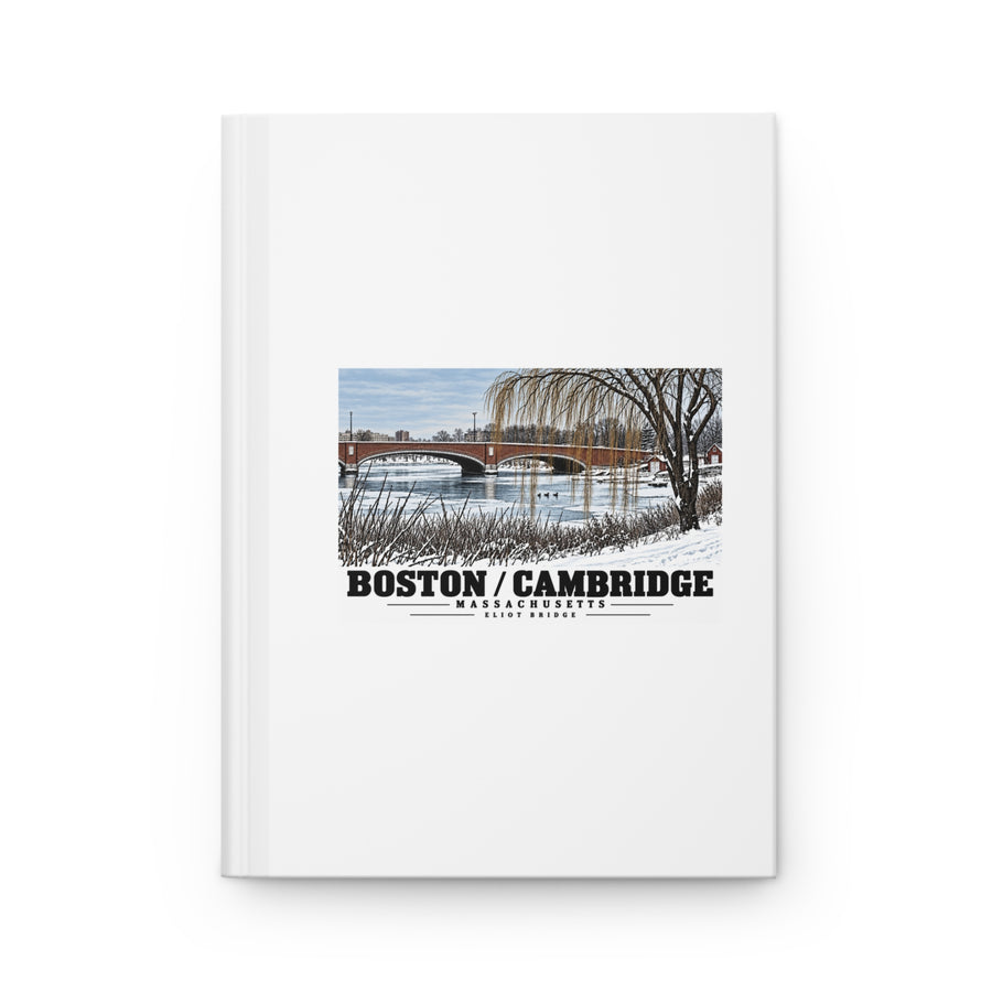 White hardcover journal with Eliot Bridge winter river view with snow and bare trees artwork and Boston/Cambridge lettering