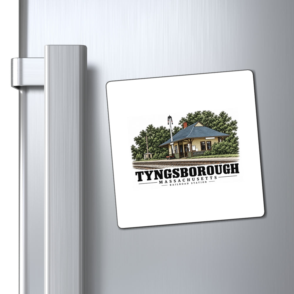 Refrigerator display of Railroad Station square vinyl magnet, Tyngsborough, Massachusetts.