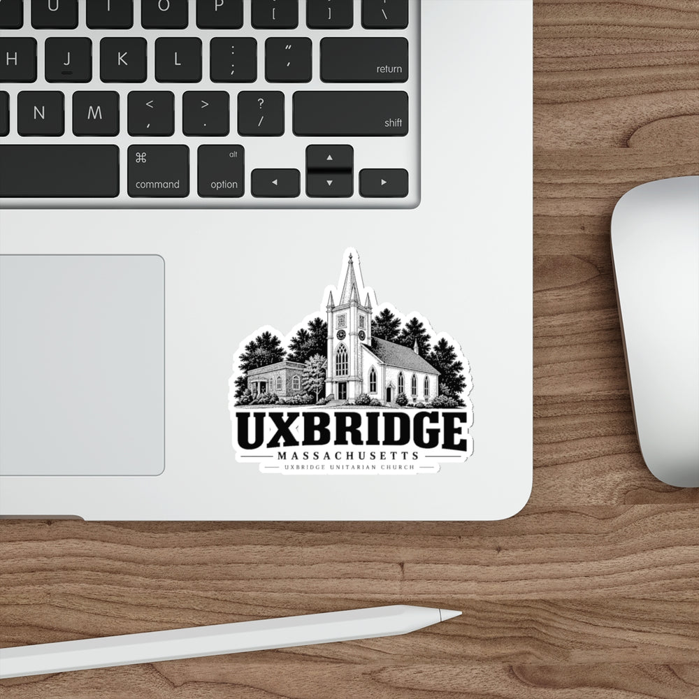 Uxbridge Unitarian Church die-cut sticker applied to a laptop