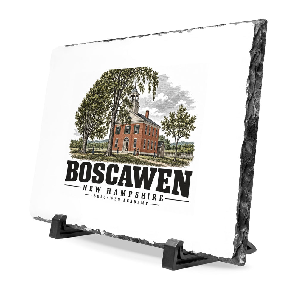 Angled front on display stands of Boscawen Academy slate desk plaque, with Boscawen, New Hampshire artwork and lettering.