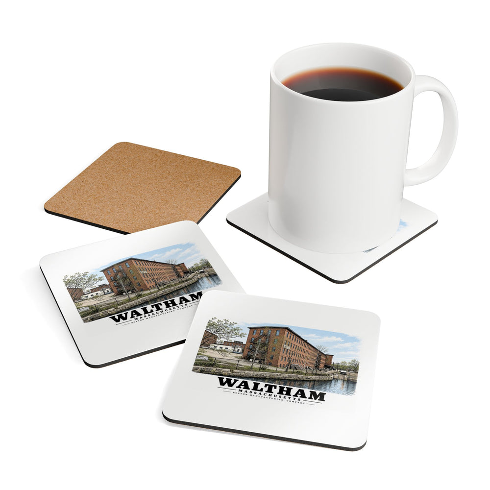 Illustrated Boston Manufacturing Company in Waltham on corkwood coaster set