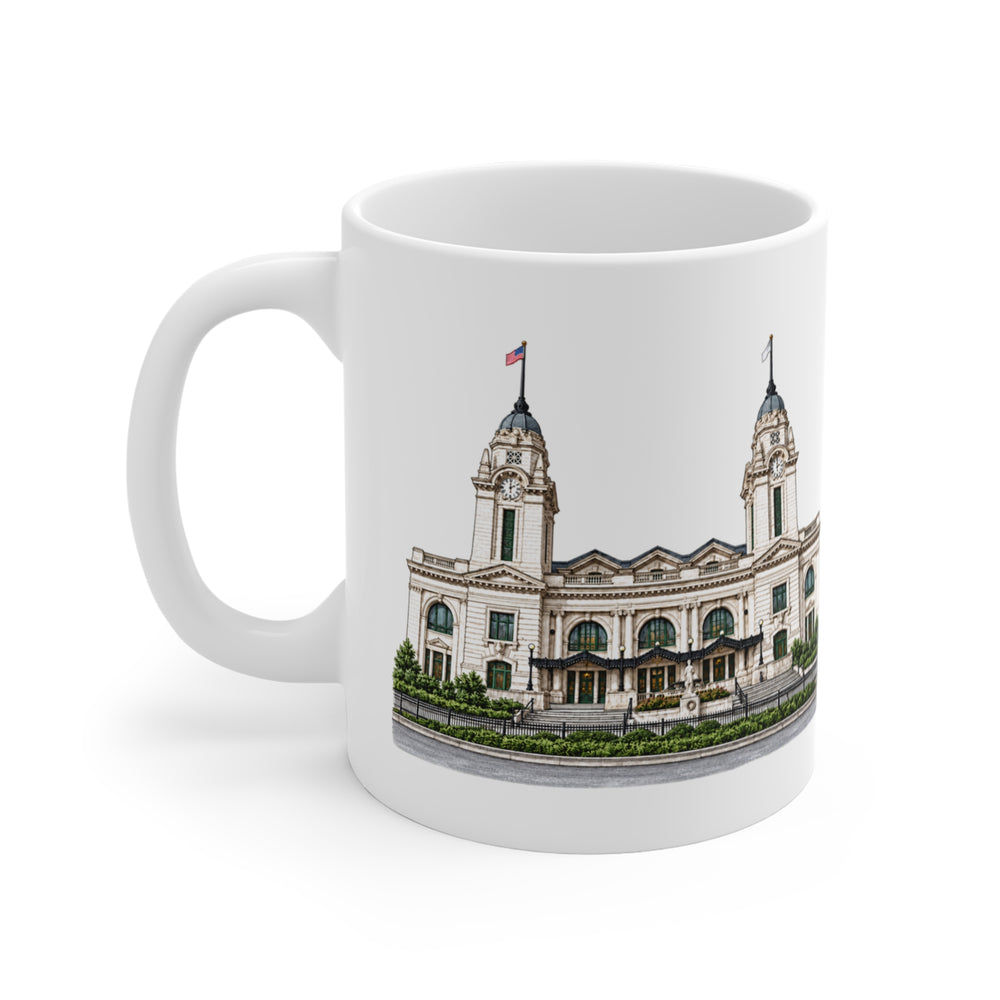Worcester Union Station 11 oz ceramic mug — artwork view, handle left — Familiar History