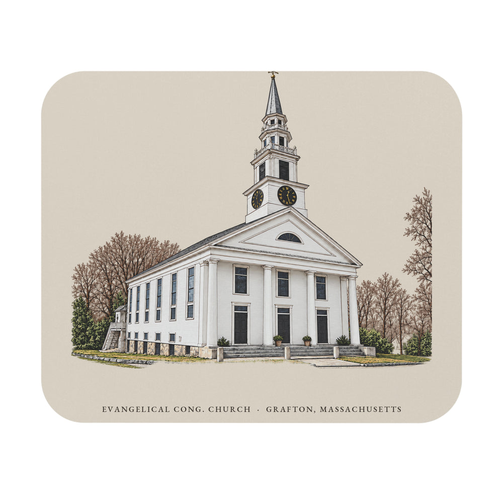 Grafton Evangelical Congregational Church mouse pad mockup showing the full illustrated print