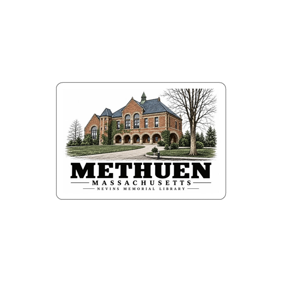 Front of Nevins Memorial Library white die-cut sticker, with Methuen, Massachusetts artwork and lettering.