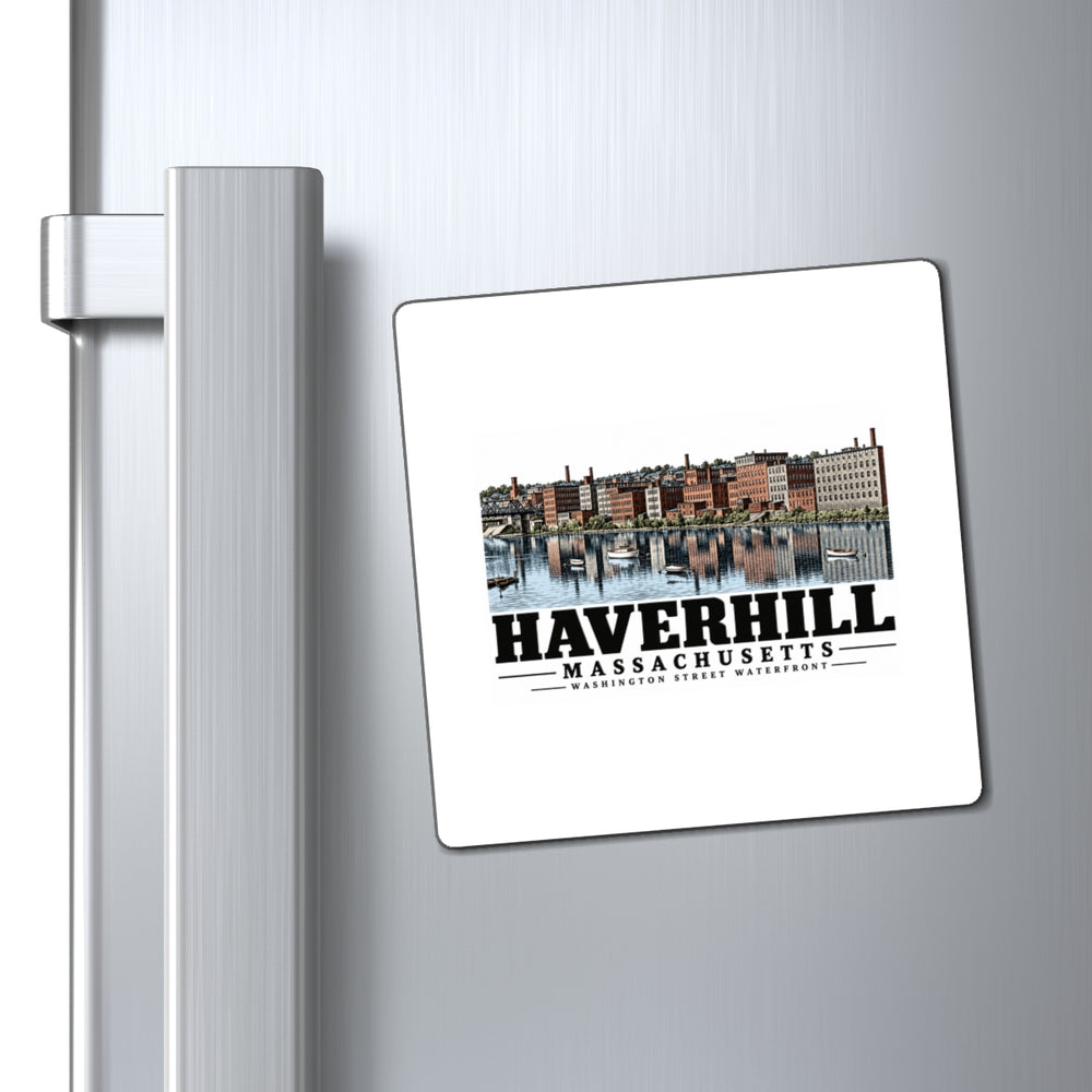 Refrigerator display of Washington Street Waterfront square magnet, with Haverhill, Massachusetts artwork and lettering.