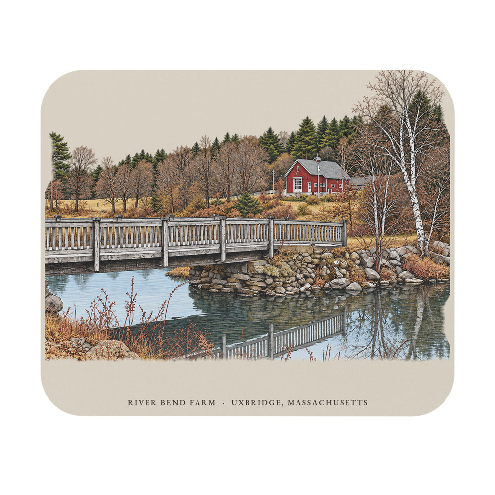 Uxbridge River Bend Farm mouse pad mockup showing the full illustrated print