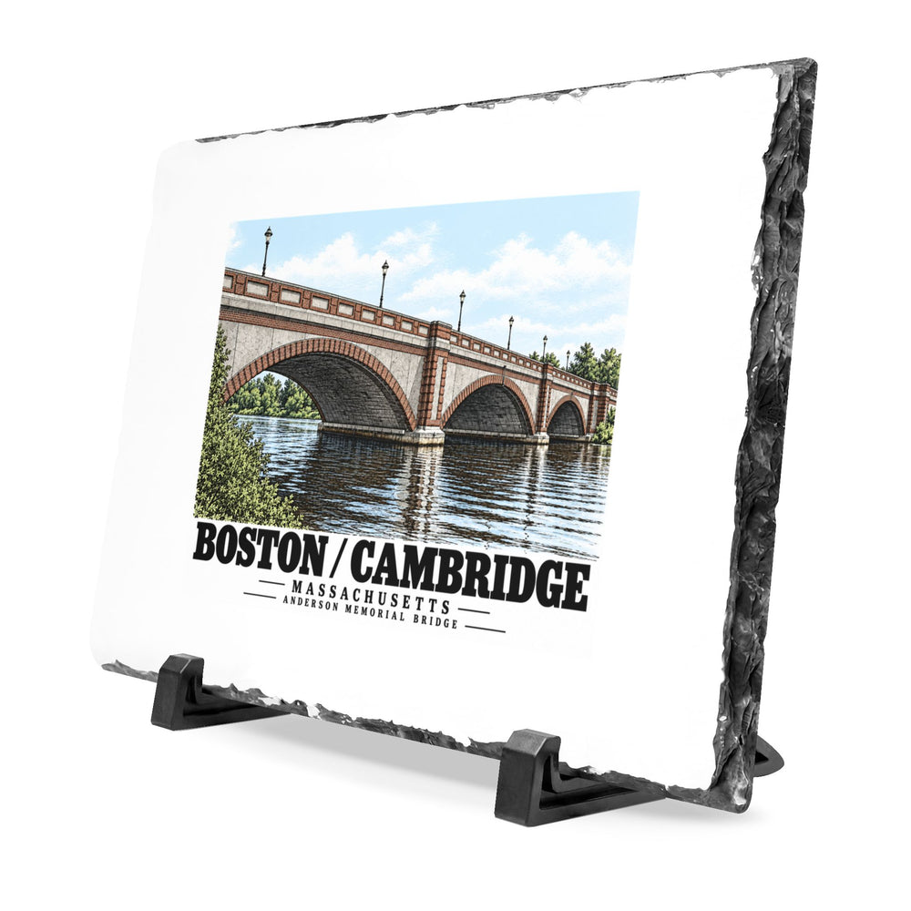 Angled rough-edged slate display on black stands showing Anderson Memorial Bridge close arch view artwork