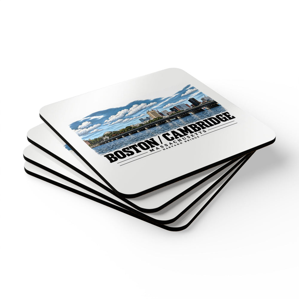 Stack of square coasters with Harvard Bridge river and skyline view artwork visible on the top coaster