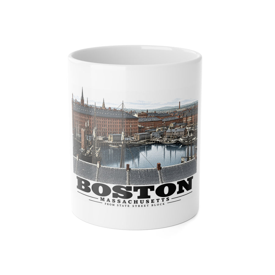 White mug showing Boston waterfront buildings, wharves, boats and harbor water artwork and Boston lettering