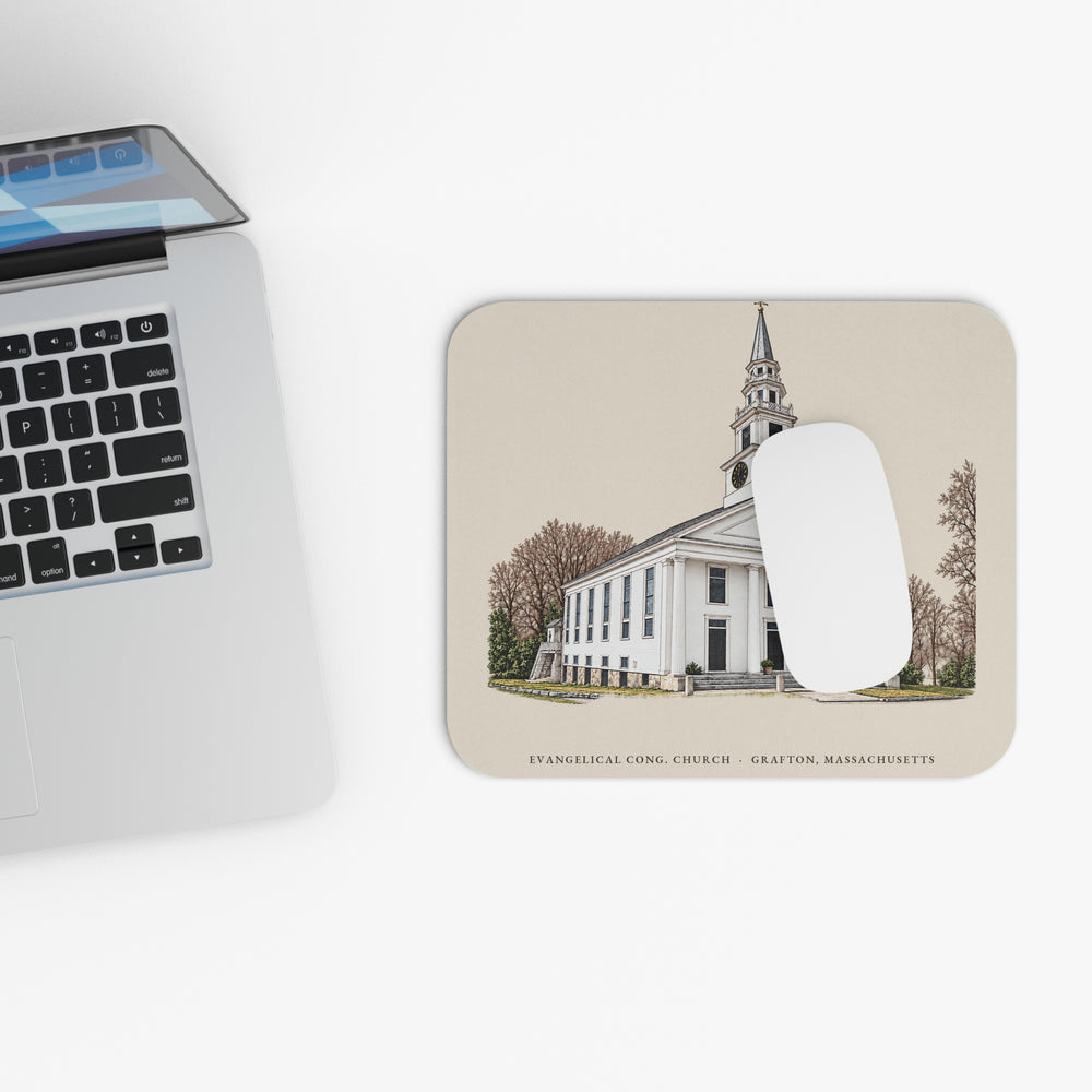 Grafton Evangelical Congregational Church mouse pad mockup showing the full illustrated print