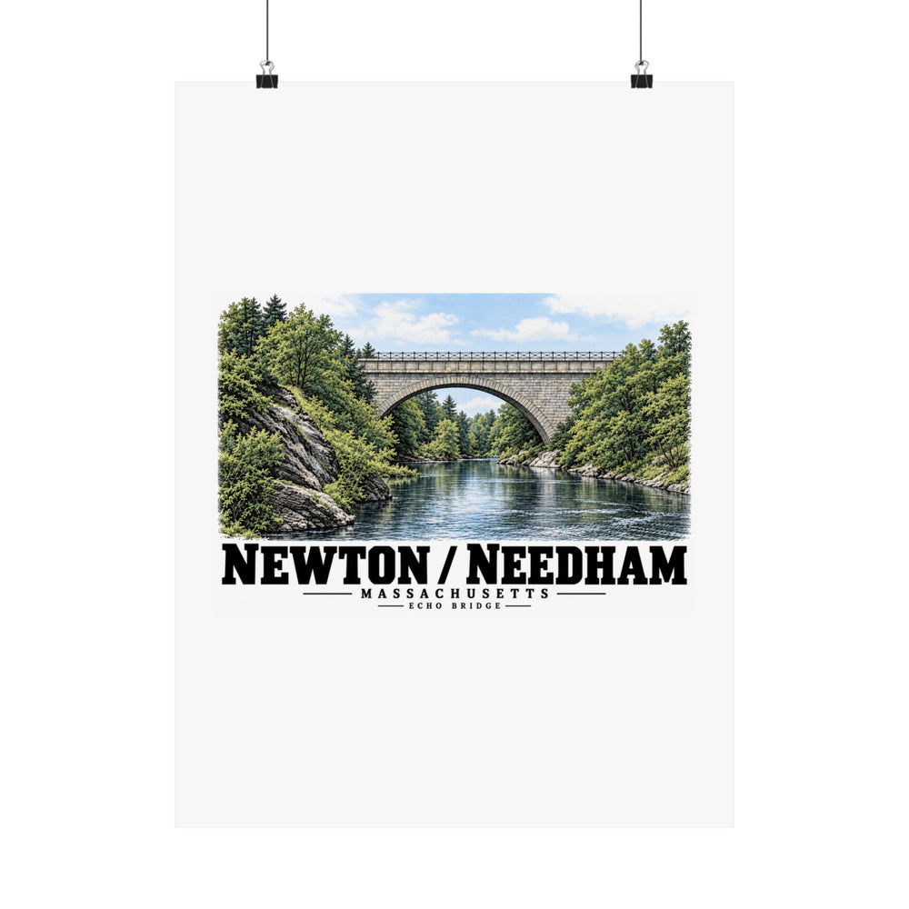 Poster suspended from two binder clips with Echo Bridge artwork showing a stone arch over a river and trees, with Newton/Needham lettering.