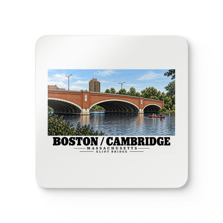 White square coaster showing Eliot Bridge red brick arches and boats artwork and Boston/Cambridge lettering