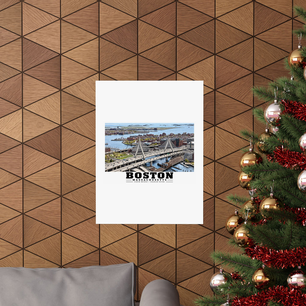 Aerial view of Boston with Zakim Bridge across Charles Matte Heritage Poster — 11 × 14 and 18 × 24 in - Charles River