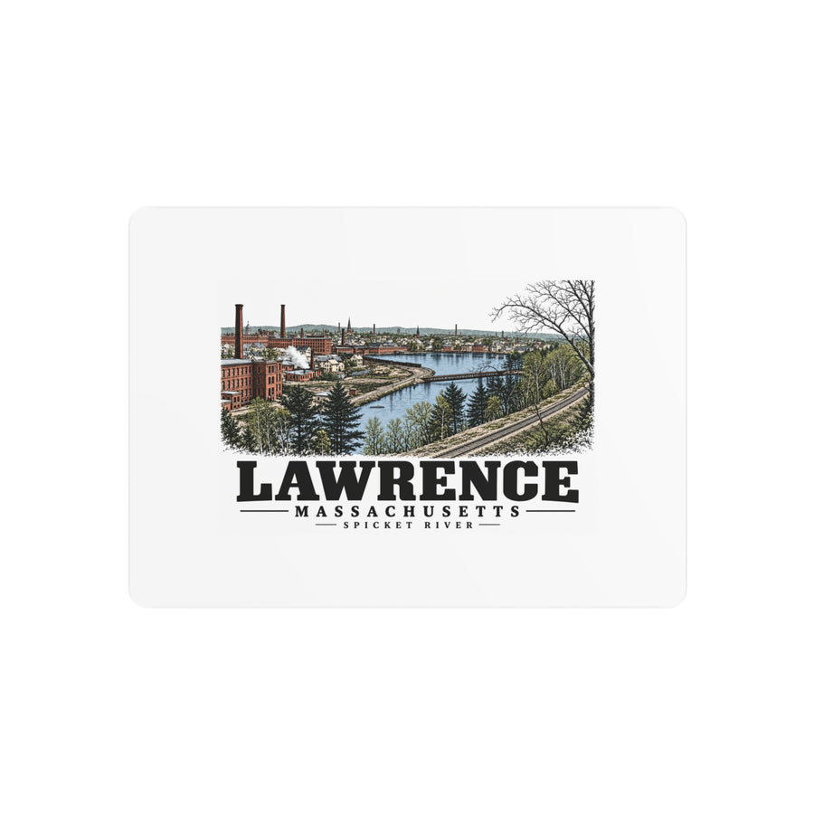 Front of Spicket River Factories metal wall art, with Lawrence, Massachusetts artwork and lettering.