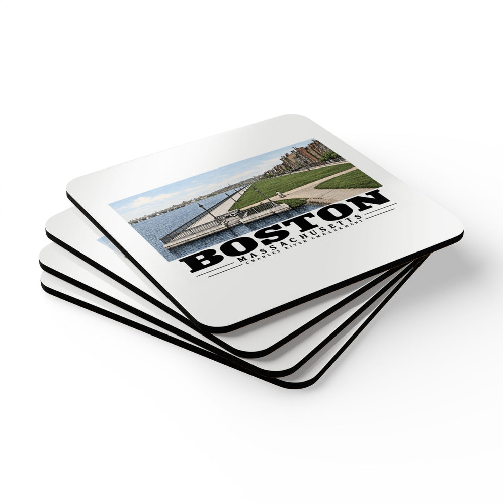 Stack of square coasters with Charles River Embankment riverside path, lawn and buildings artwork visible on the top coaster