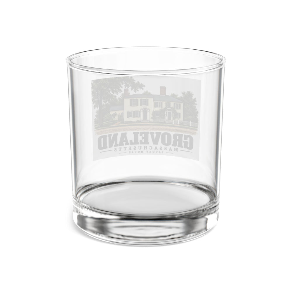 Transparent reverse of Savory House rocks glass, with Groveland, Massachusetts artwork and lettering.