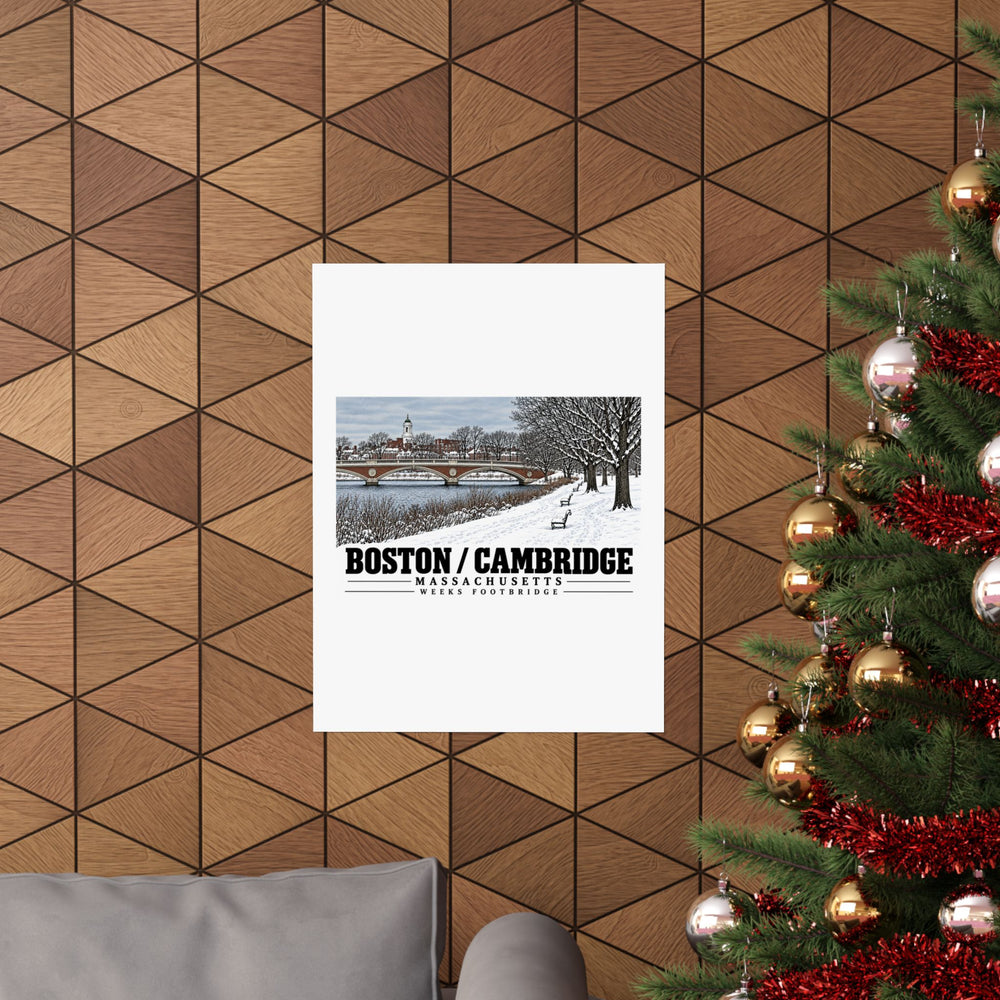 Weeks Footbridge winter riverbank view with snow and benches poster on a wood wall beside a decorated evergreen